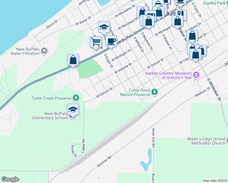 map of restaurants, bars, coffee shops, grocery stores, and more near 322 South Eagle Street in New Buffalo
