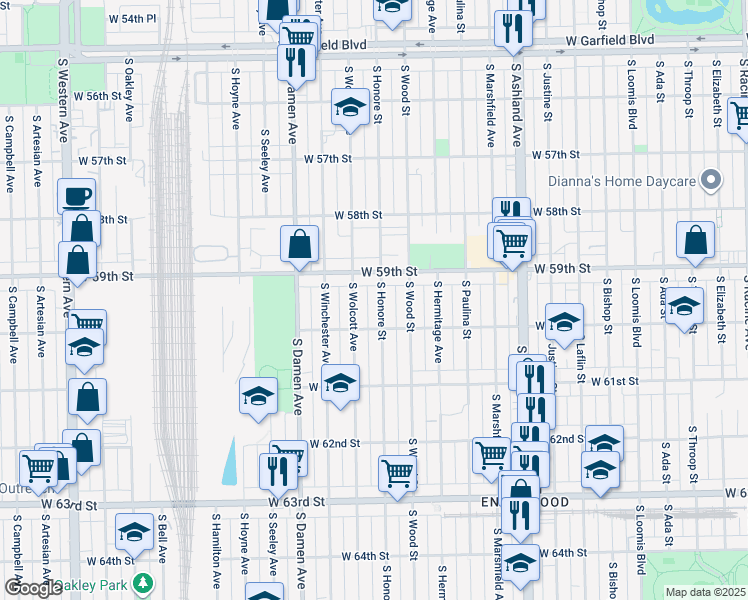 map of restaurants, bars, coffee shops, grocery stores, and more near 5938 South Honore Street in Chicago