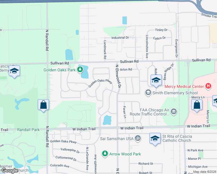map of restaurants, bars, coffee shops, grocery stores, and more near 1345 Eastwood Drive in Aurora