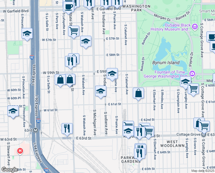 map of restaurants, bars, coffee shops, grocery stores, and more near 6000 South Indiana Avenue in Chicago