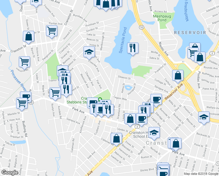 map of restaurants, bars, coffee shops, grocery stores, and more near 222 Crescent Avenue in Cranston