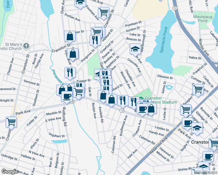 map of restaurants, bars, coffee shops, grocery stores, and more near 164 Gansett Avenue in Cranston