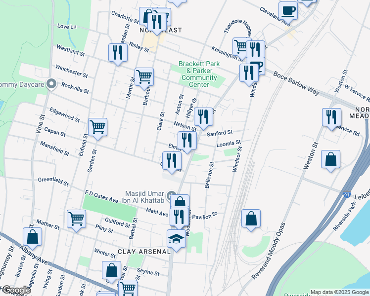 map of restaurants, bars, coffee shops, grocery stores, and more near 21 Elmer Street in Hartford