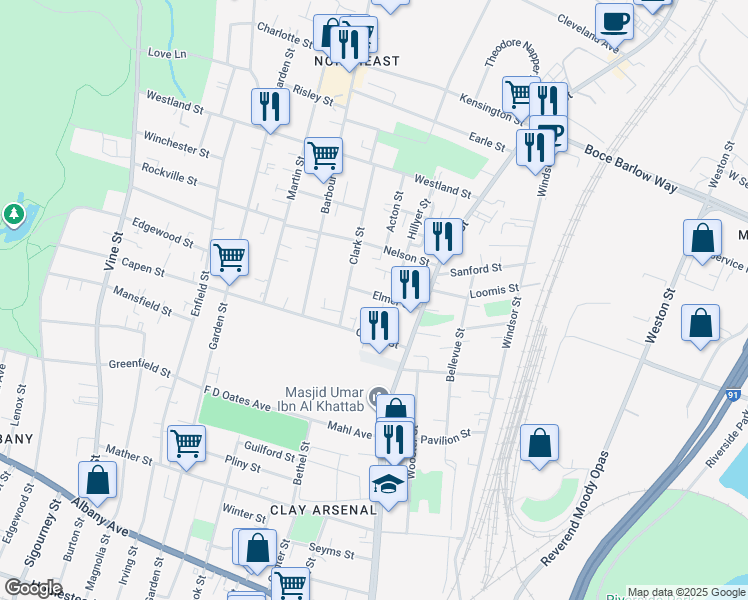 map of restaurants, bars, coffee shops, grocery stores, and more near 43 Elmer Street in Hartford