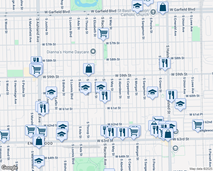 map of restaurants, bars, coffee shops, grocery stores, and more near 5948 South May Street in Chicago