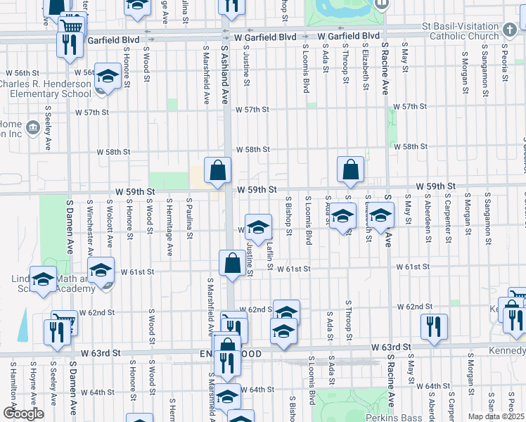 map of restaurants, bars, coffee shops, grocery stores, and more near 5943 South Justine Street in Chicago