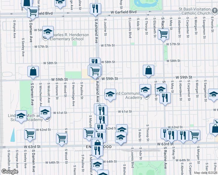 map of restaurants, bars, coffee shops, grocery stores, and more near 5943 South Justine Street in Chicago