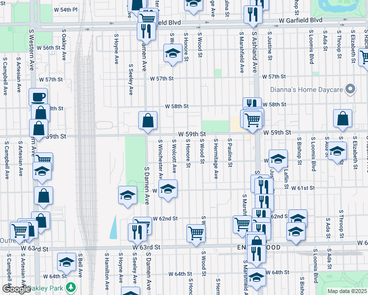 map of restaurants, bars, coffee shops, grocery stores, and more near 5938 South Honore Street in Chicago