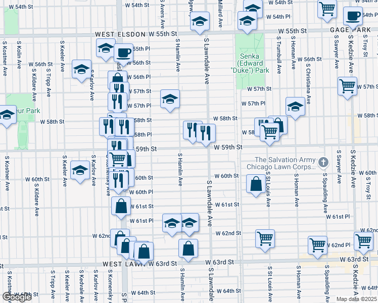 map of restaurants, bars, coffee shops, grocery stores, and more near 3732 West 59th Place in Chicago
