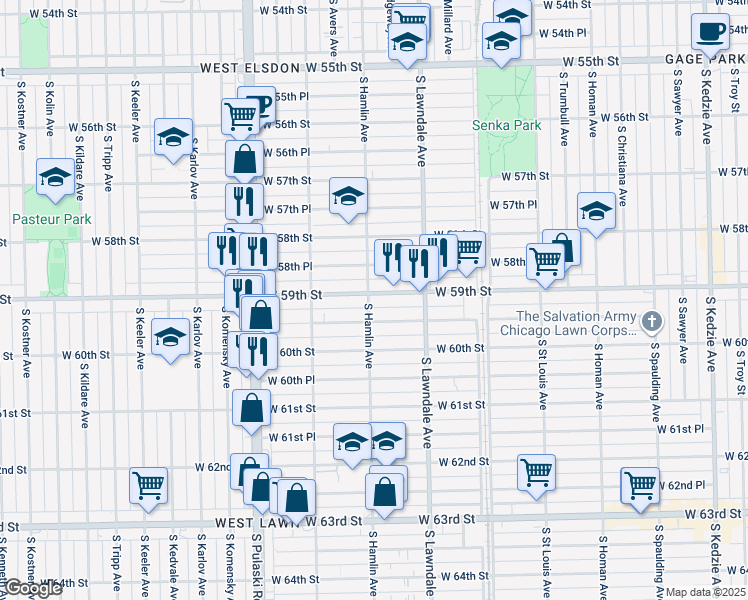map of restaurants, bars, coffee shops, grocery stores, and more near 3808 West 59th Place in Chicago
