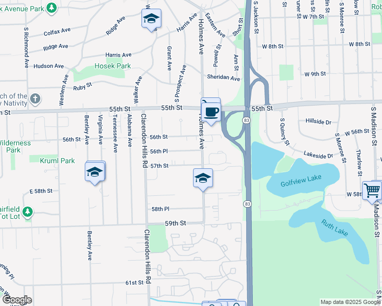 map of restaurants, bars, coffee shops, grocery stores, and more near 16W608 57th Street in Clarendon Hills