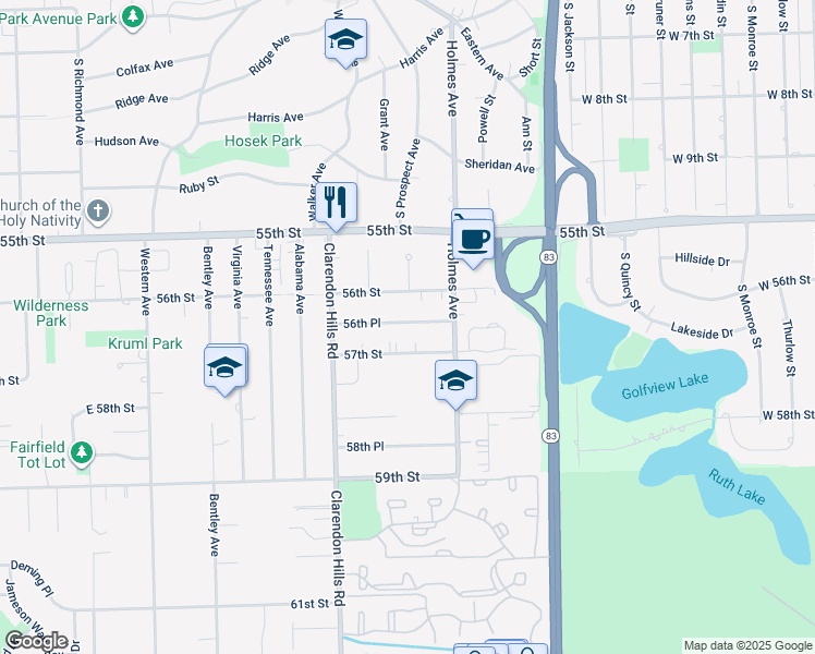 map of restaurants, bars, coffee shops, grocery stores, and more near 661 56th Place in Clarendon Hills