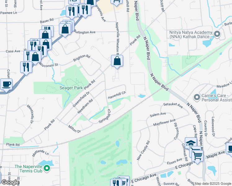 map of restaurants, bars, coffee shops, grocery stores, and more near 1314 Haverhill Circle in Naperville
