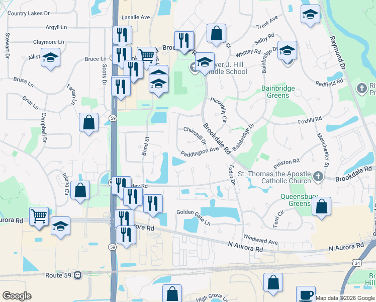 map of restaurants, bars, coffee shops, grocery stores, and more near 1820 Paddington Avenue in Naperville