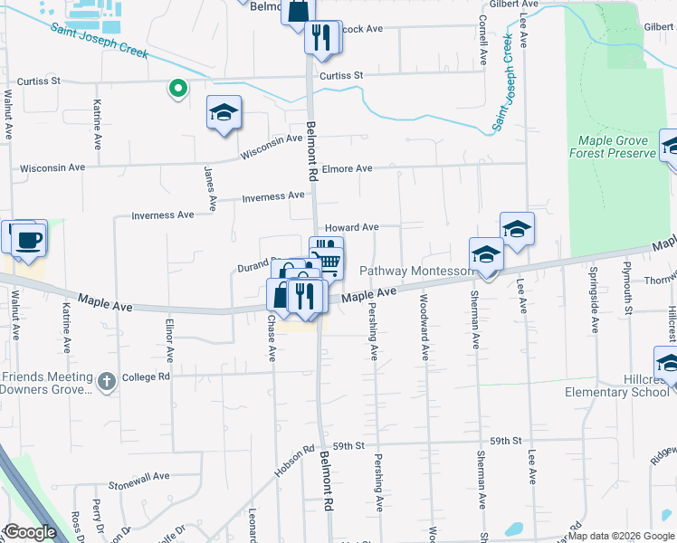 map of restaurants, bars, coffee shops, grocery stores, and more near 5516 Hillcrest Avenue in Downers Grove
