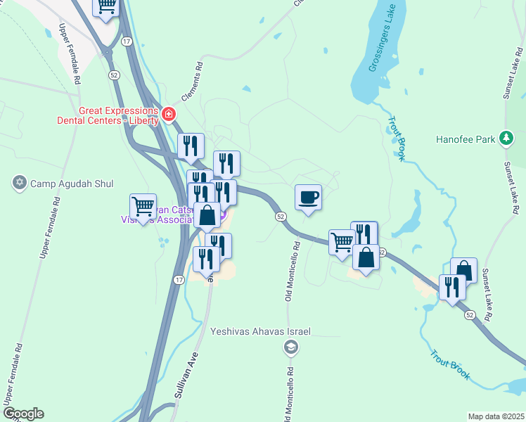 map of restaurants, bars, coffee shops, grocery stores, and more near 104 Crestview Drive in Liberty