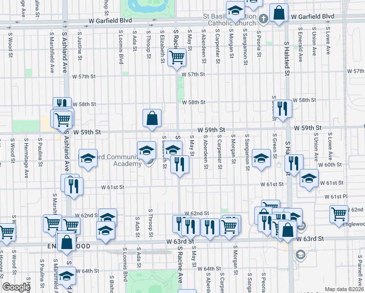 map of restaurants, bars, coffee shops, grocery stores, and more near 5948 South May Street in Chicago