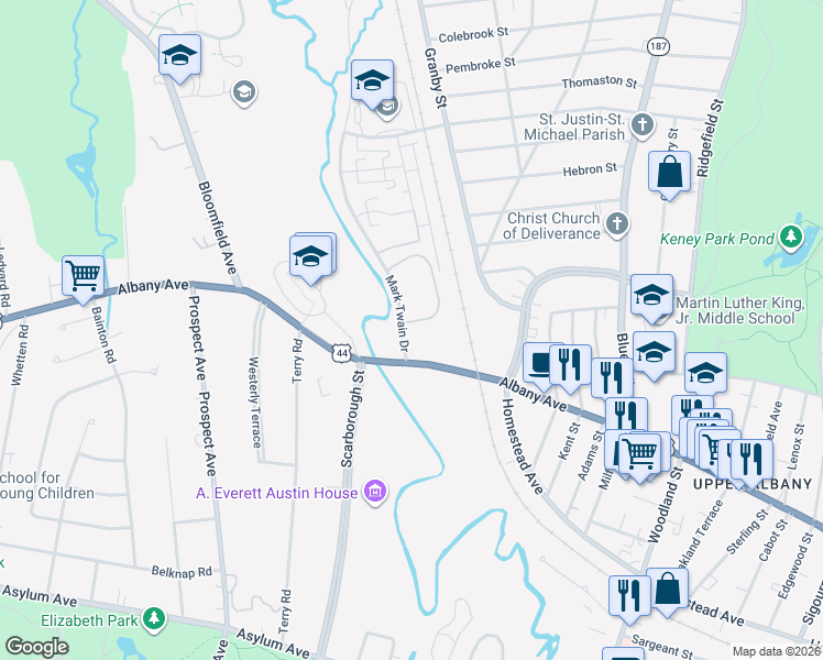 map of restaurants, bars, coffee shops, grocery stores, and more near 22 Mark Twain Drive in Hartford