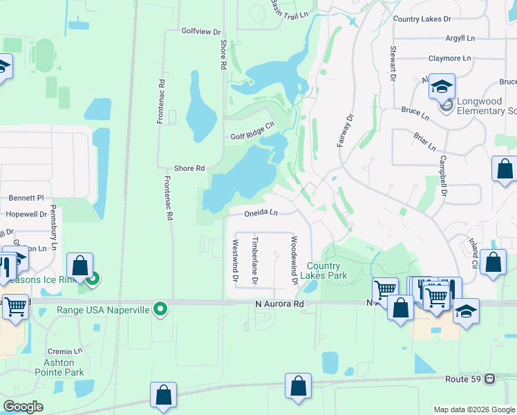 map of restaurants, bars, coffee shops, grocery stores, and more near 2466 Oneida Lane in Naperville