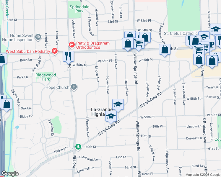 map of restaurants, bars, coffee shops, grocery stores, and more near 5718 Howard Avenue in La Grange Highlands