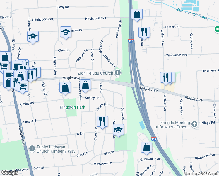map of restaurants, bars, coffee shops, grocery stores, and more near 573 Columbine Avenue in Lisle