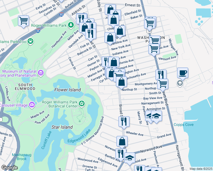 map of restaurants, bars, coffee shops, grocery stores, and more near 359 Montgomery Avenue in Providence