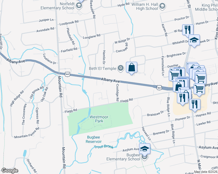 map of restaurants, bars, coffee shops, grocery stores, and more near 22 Saddle Ridge Drive in West Hartford