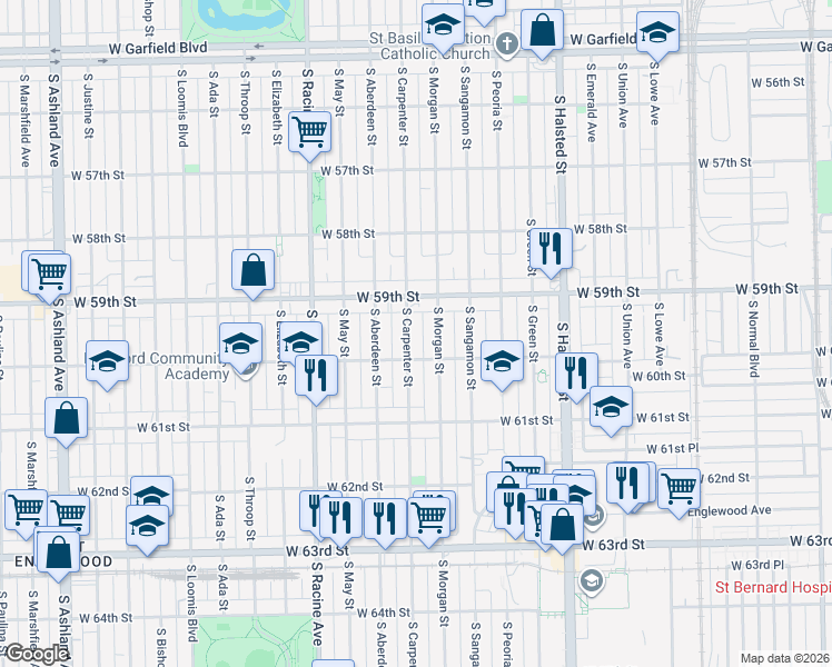 map of restaurants, bars, coffee shops, grocery stores, and more near 5947 South Carpenter Street in Chicago