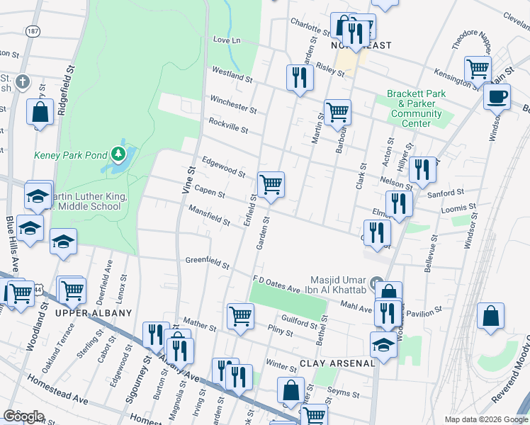 map of restaurants, bars, coffee shops, grocery stores, and more near 195 Capen Street in Hartford