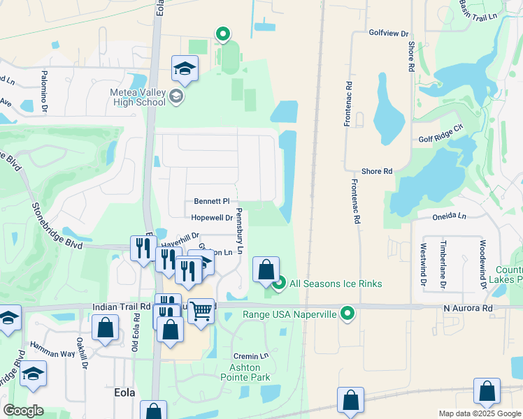 map of restaurants, bars, coffee shops, grocery stores, and more near 3168 Bennett Place in Aurora