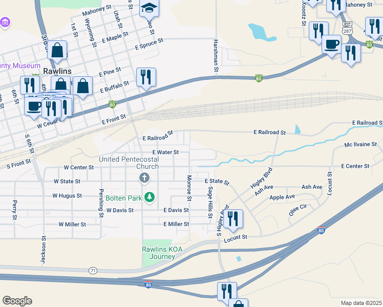 map of restaurants, bars, coffee shops, grocery stores, and more near 211 Monroe Street in Rawlins