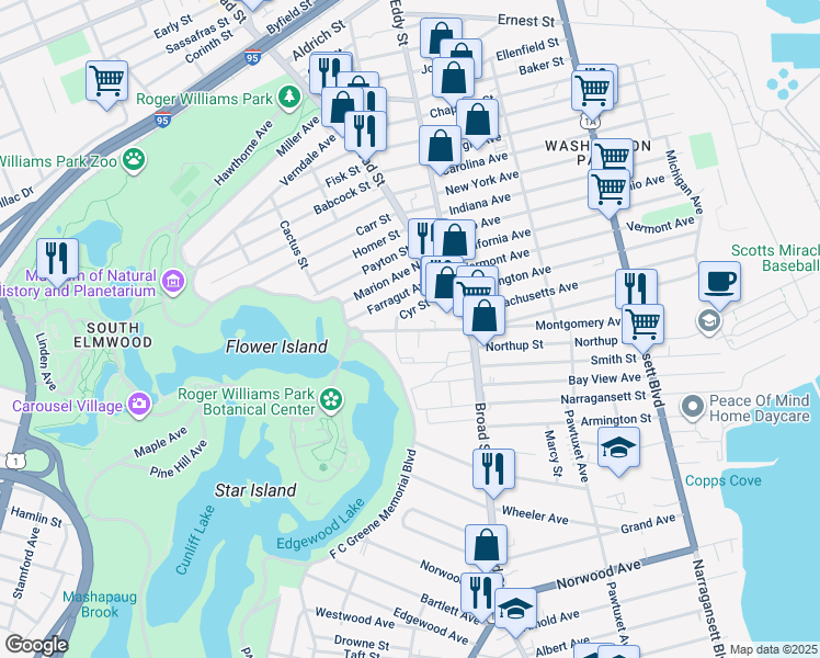 map of restaurants, bars, coffee shops, grocery stores, and more near 94 Cyr Street in Cranston