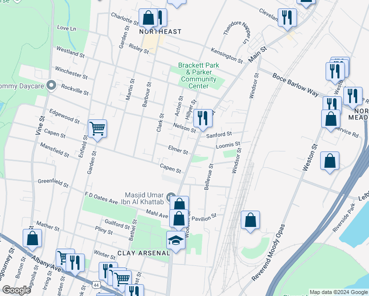 map of restaurants, bars, coffee shops, grocery stores, and more near 21 Elmer Street in Hartford
