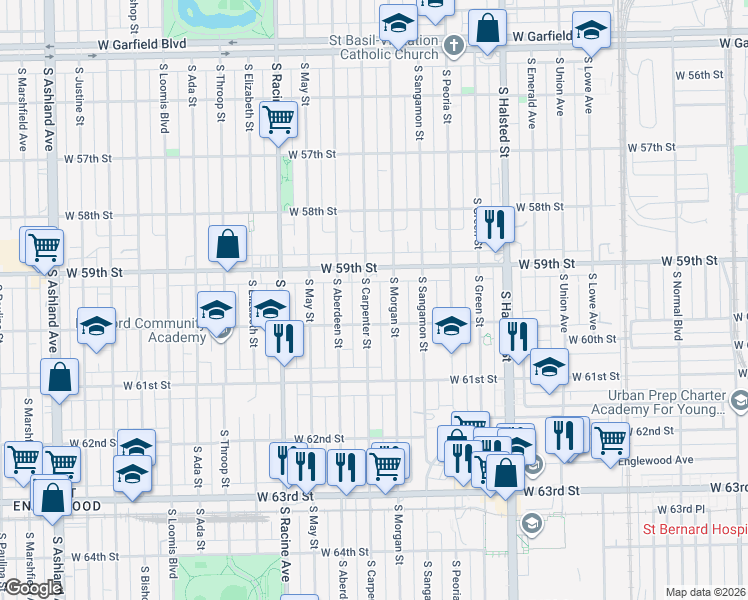 map of restaurants, bars, coffee shops, grocery stores, and more near 5947 South Carpenter Street in Chicago