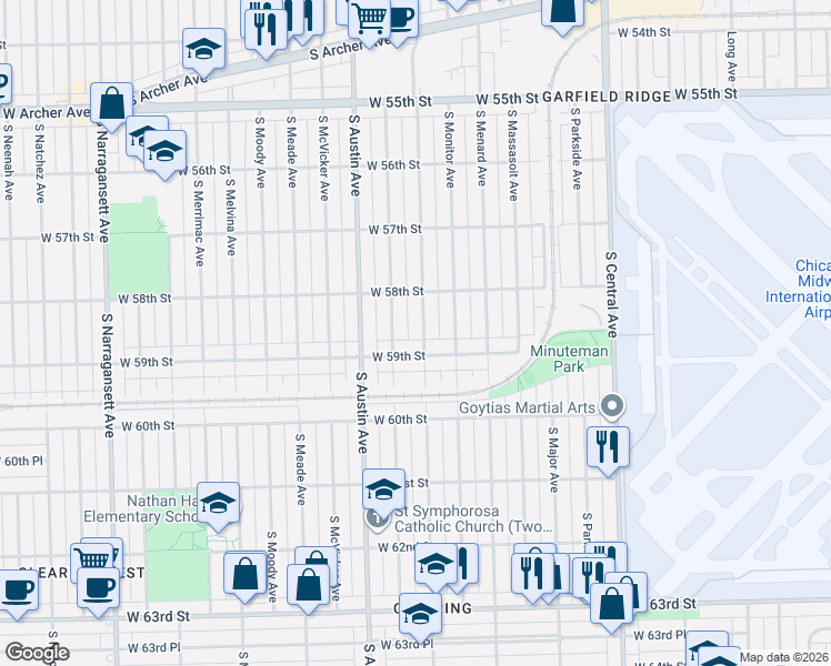 map of restaurants, bars, coffee shops, grocery stores, and more near 5900 West 59th Street in Chicago