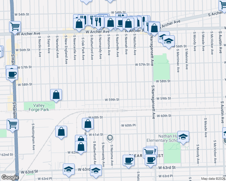 map of restaurants, bars, coffee shops, grocery stores, and more near 5841 South Natoma Avenue in Chicago