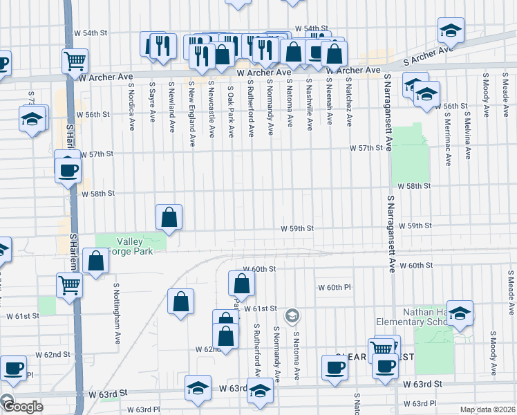 map of restaurants, bars, coffee shops, grocery stores, and more near 5840 South Rutherford Avenue in Chicago