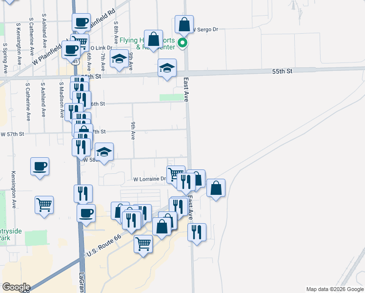 map of restaurants, bars, coffee shops, grocery stores, and more near 9618 West 58th Street in Countryside