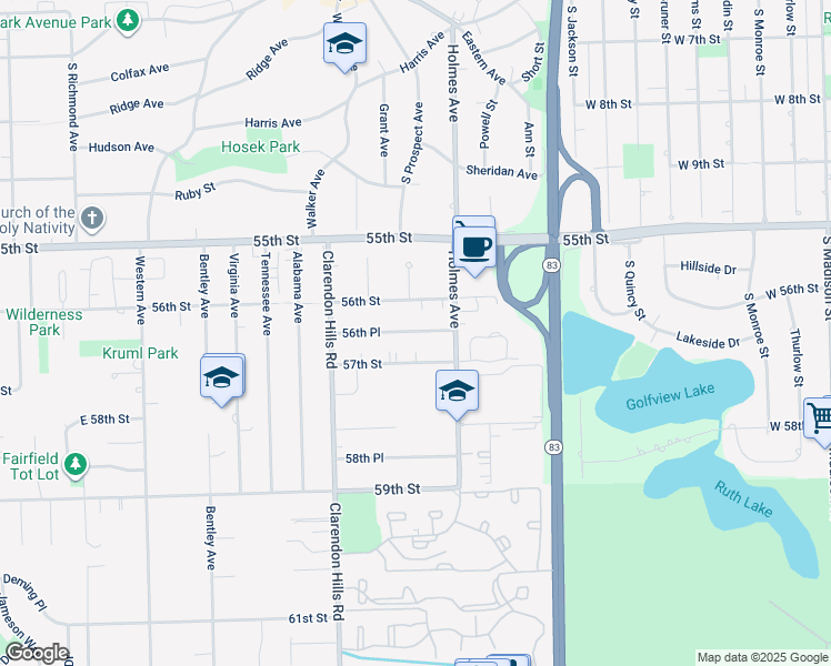 map of restaurants, bars, coffee shops, grocery stores, and more near 661 56th Place in Clarendon Hills