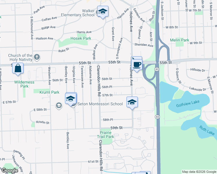 map of restaurants, bars, coffee shops, grocery stores, and more near 729 56th Place in Clarendon Hills