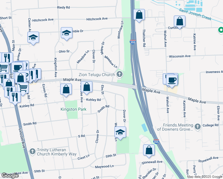 map of restaurants, bars, coffee shops, grocery stores, and more near 573 Columbine Avenue in Lisle