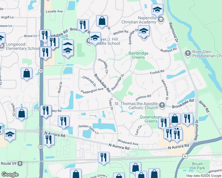 map of restaurants, bars, coffee shops, grocery stores, and more near 1691 Brookdale Road in Naperville