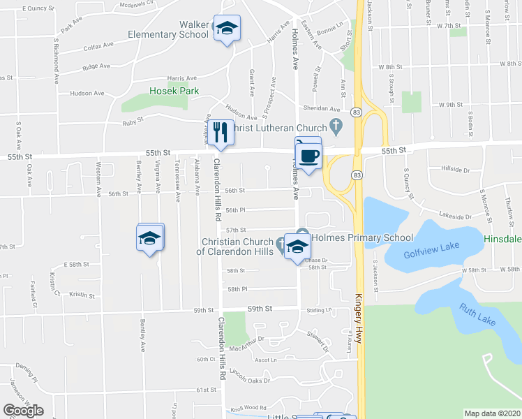 map of restaurants, bars, coffee shops, grocery stores, and more near 661 56th Place in Clarendon Hills