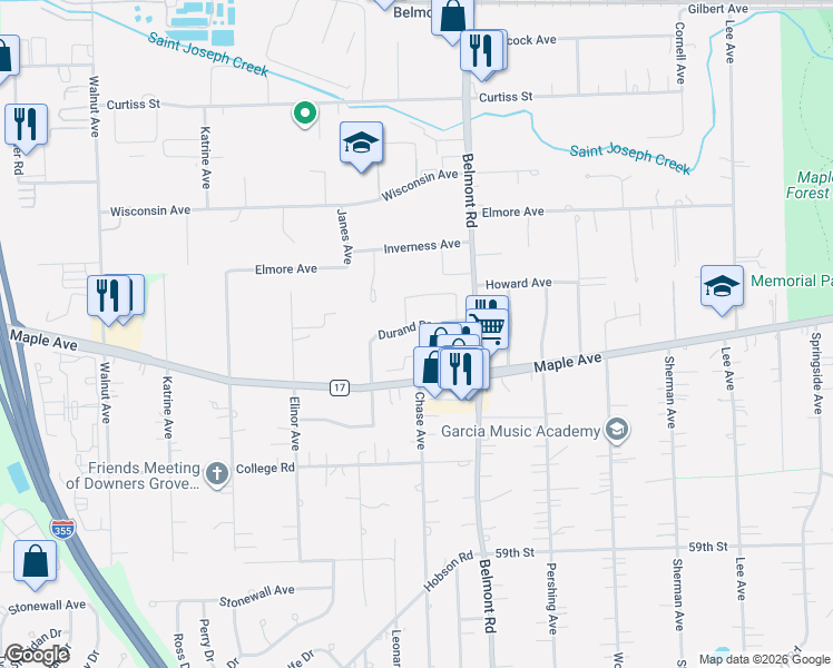 map of restaurants, bars, coffee shops, grocery stores, and more near 2318 Chasewood Drive in Downers Grove