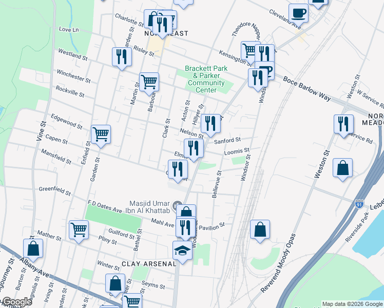 map of restaurants, bars, coffee shops, grocery stores, and more near 21 Elmer Street in Hartford