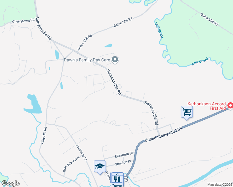 map of restaurants, bars, coffee shops, grocery stores, and more near 57 Samsonville Road in Kerhonkson