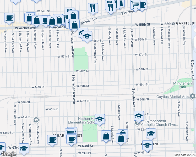 map of restaurants, bars, coffee shops, grocery stores, and more near 5844 South Melvina Avenue in Chicago