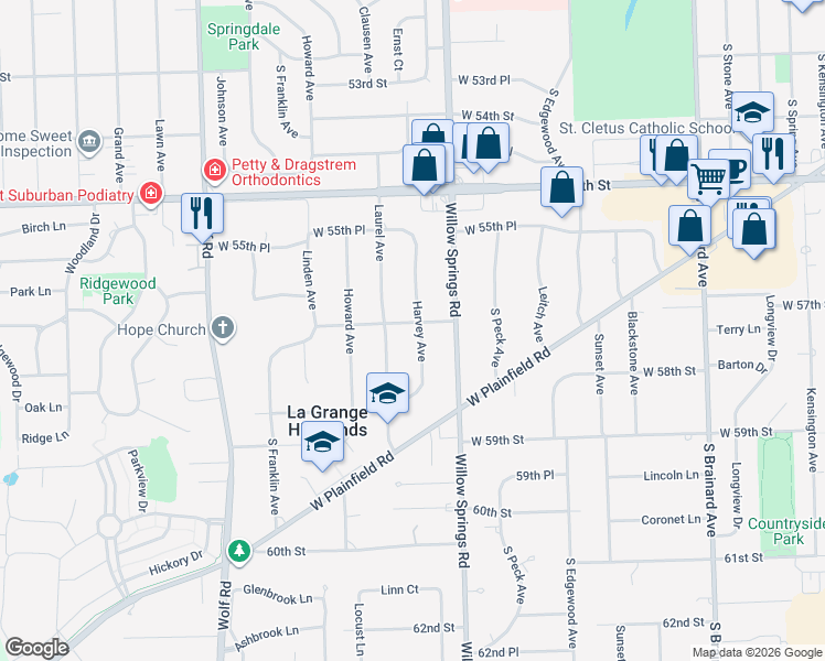 map of restaurants, bars, coffee shops, grocery stores, and more near 5726 Harvey Avenue in La Grange Highlands
