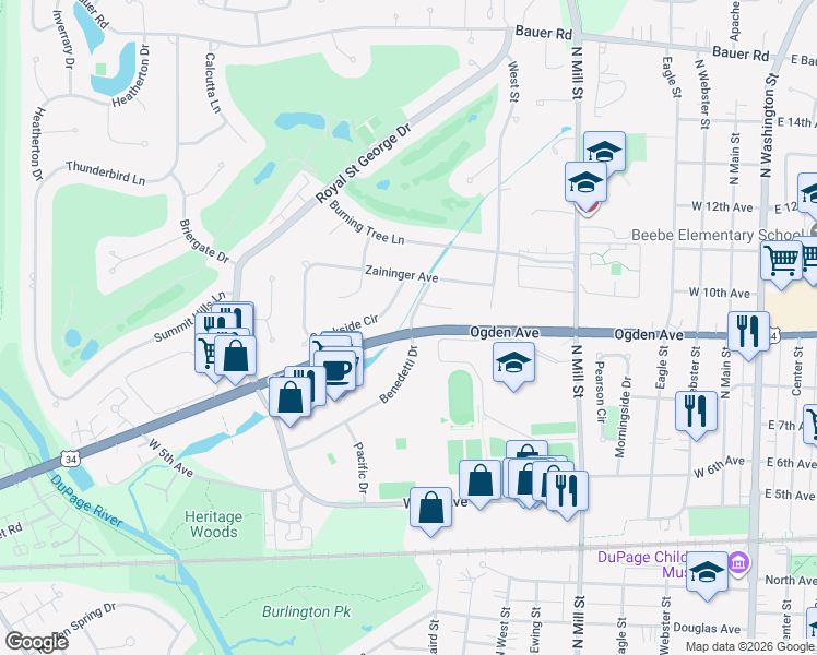 map of restaurants, bars, coffee shops, grocery stores, and more near 918 Benedetti Drive in Naperville