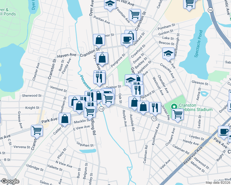 map of restaurants, bars, coffee shops, grocery stores, and more near 38 Maple Street in Cranston